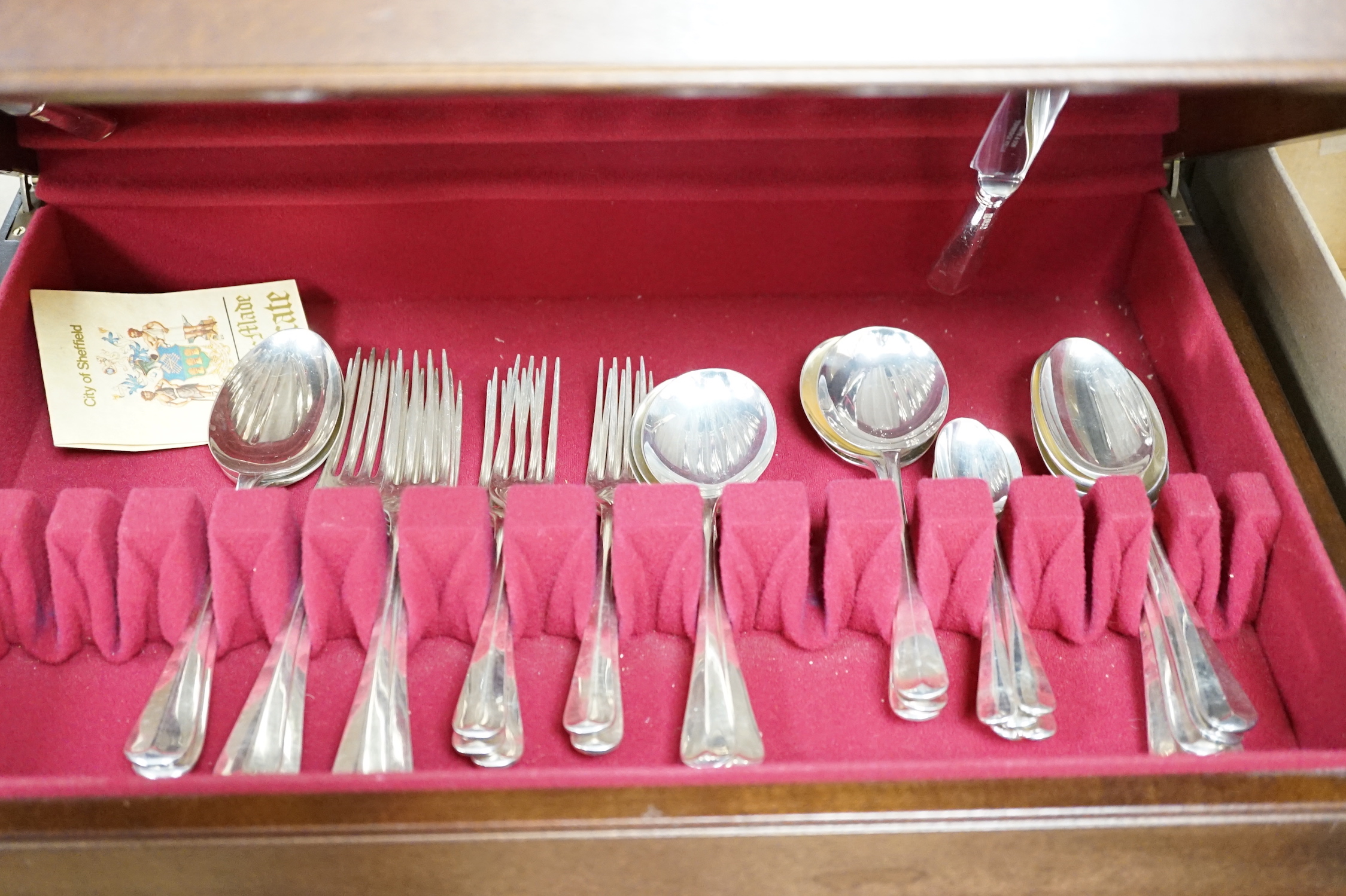 A modern canteen of silver Hanovarian rat tail pattern cutlery for six, by Payne & Son, Sheffield, 1994, comprising forty four items, including silver handled steel dessert and table knives and one earlier fiddle pattern